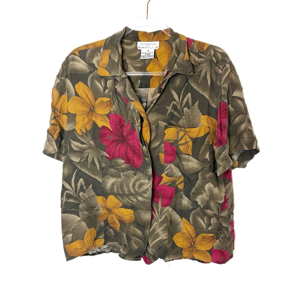 Rena Rowan for Saville Neutral Hawaiian Short Sleeve Button Front Shirt Women 12